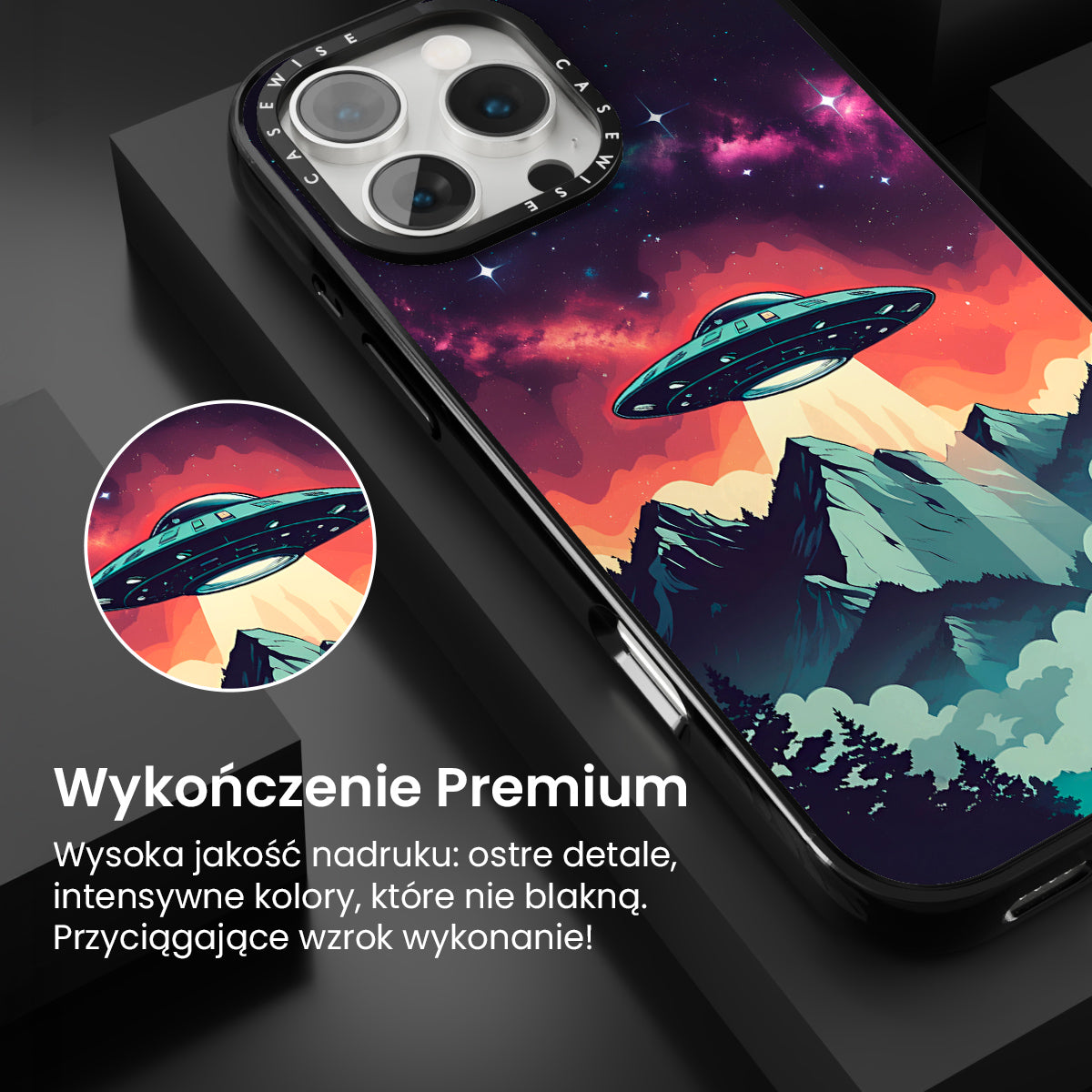 Ilustracja przedstawiająca UFO w stylu vintage z żywymi kolorami - Etui